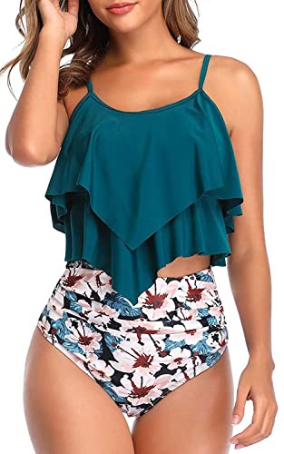 Genfien Bikini Sets für Damen Rüschen Zweiteiliger High Waist Shorts | Mit Brustpolstern,Verstellbare Schulterriemen,Bademode mit Hohe Taille