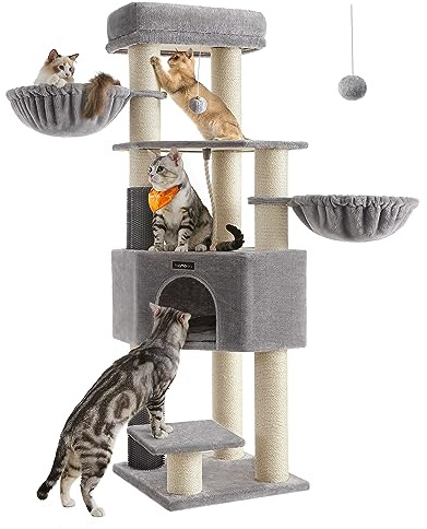 Feandrea Kratzbaum, mit warmen Decken, für große Katze, Katzenbaum, 2 Katzenbürsten, 11,1 cm d Dicke Stämme, große Plattformen, Höhle, 50 x 50 x 160 cm, Taubengrau-cremeweiß PCT003N01
