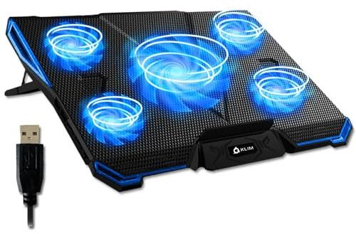 KLIM Cyclone - Laptop Kühler - NEU - Ständer - Maximale Kühlung - Verhindere Ãœberhitzung - Schütze Dein Laptop - 5 Lüfter 2200 & 1200 RPM - Cooling Pad für Computer PS5 PS4 Xbox One - Blau