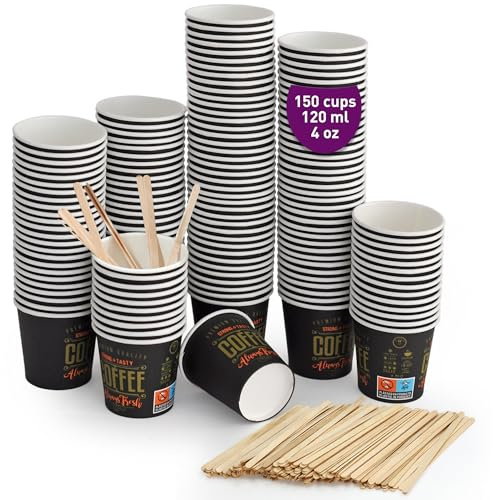 GoBeTree 150 Espresso Becher to go Pappe 120 ml Einweg + Rührstäbchen Holz | Einweg Kaffeebecher aus Pappe für Espresso, Cortado und Kaffeeautomaten, 4 oz, mit 150 Holz-Rührstäbchen 11 cm, Kalt und Heiß