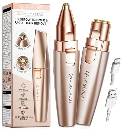 VG VOGCREST Augenbrauen-Gesichtstrimmer 2 in 1 Wiederaufladbare Gesichtshaarentfernung und Augenbrauenrasierer - Gesicht Lippen Körper Schmerzloser Gesichtsrasierer mit eingebauter LED (Rosé gold)