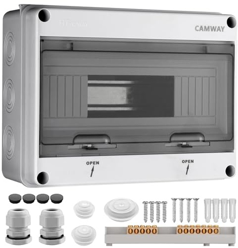 CAMWAY Sicherungskasten Aufputz 1-Reihig 12 Module, Verteilerkasten Aufputz IP65 Waterproof, Verteilerkasten mit umlaufender Dichtung und Messingklemmen,Sicherungskasten für Garten oder Außenbereichen