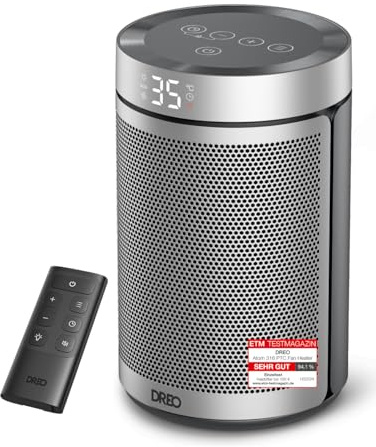 Dreo Energiesparender Heizlüfter, 34 dB Leiser 1500W Elektrischer PTC Keramik, Thermostat, Überhitzungs- & Kippschutz, 12 Std. Timer, Elektroheizung für Räume Schlafzimmer, Atom 316, Silber