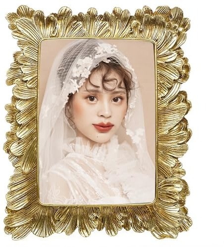 Yuaaoh Fotorahmen Vintage Antik 10x15cm Bilderrahmen Blattform Harz Bilderrahmen für Hoch-&Querformat Tischdisplay Kreative Europäische Fotorahmen Home Decor, mit Hochauflösendes Glas (Gold)