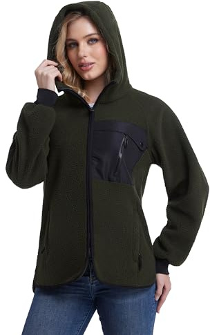 Mnking Damen Fleecejacke mit Kapuze Dicke Warme Polar Fleece Jacke Winter Full Zip Hoodie Winddicht Winterjacke für Outdoor Laufen Wandern Ski