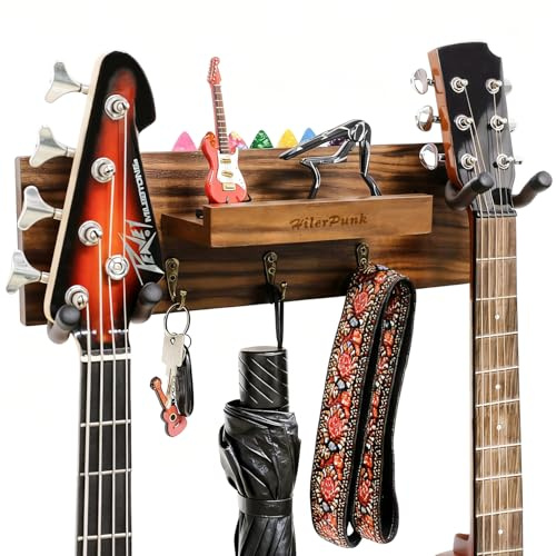 Gitarrenwandhalterung,Massivholz-Gitarrenwandaufhänger mit 3 Aufbewahrungshaken und 2 drehbaren Gummi Gitarrenaufhängern,Gitarrenständer mit Ablage und Plektrum Halter für alle Gitarrengrößen