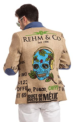 Designer-Sakko für Herren aus mexikanischen Kaffeesäcken mit authentischem Totenkopf-Print der Kaffeefarm, Olivenholz-Knöpfe & Ellenbogen-Patches. Limited Edition Kollektion von THE COFFEE JACKET