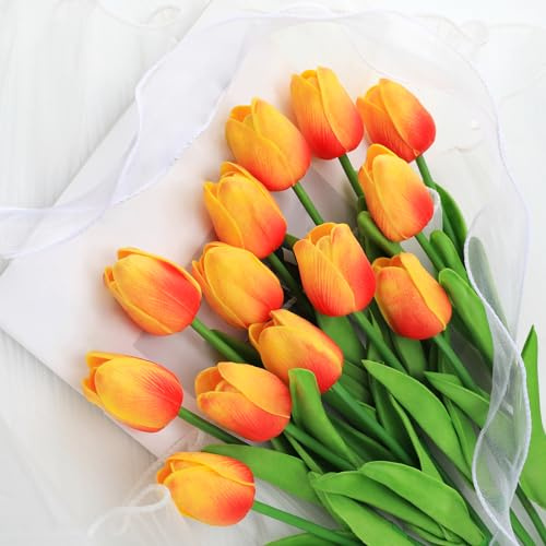Kisflower 10Pcs Künstliche Tulpen Latex Tulpen Blumen Gefälschter Tulpenstrauß Echte Berührungsblumen für Dekor (Orange)