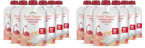 Amazon-Marke: Mama Bear Bio Zubereitung aus Joghurterzeugnis, Erdbeere, Banane und Joghurt, Vegetarian, 90g (6er-Pack) (Packung mit 2)
