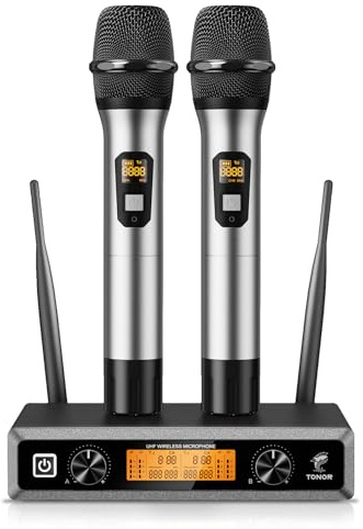 TONOR UHF Funkmikrofon Set, professionelles dynamisches Drahtlos-Doppelmikrofonsystem mit 2 Handmikrofonen, Karaoke-Set für Party, DJ, Kirche & Hochzeit, bis zu 60 m Reichweite, TW820, Silber