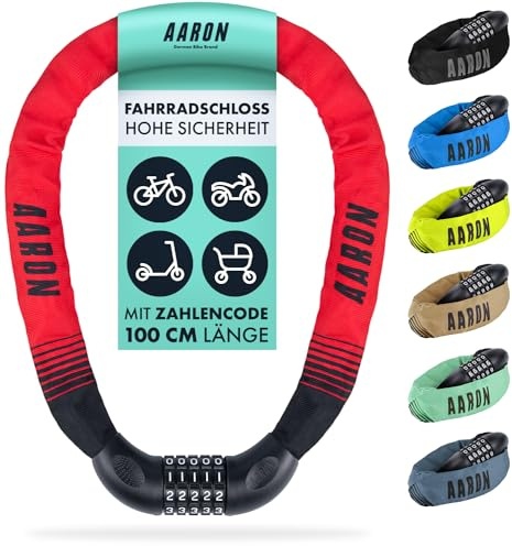 AARON Lock One Fahrradschloss mit 5-stelligem Zahlencode, Kettenschloss aus Stahl und hoher Sicherheitsstufe | Schloss für für E-Bike, Mountainbike, Trekkingrad, Tourenrad, Rennrad in rot