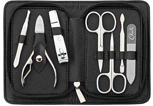Chali® Nagel Set 7-tlg mit Etui schwarz, Edelstahl Maniküre Pediküre Set | Maniküre Set - Nagelschere, Nagelhautschere, Nagelknipser, Glasnagelfeile, Nagelhautschieber, Nagelzange, Pinzette, Etui