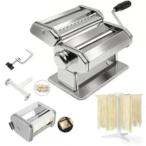 MZTOGR Pasta Maker machine, Set mit 6 Stück 150 mm Stahl Nudelmaschine mit 9 einstellbaren Dickeneinstellungen, inklusive Ravioli Maker Aufsatz, Nudeltrockner