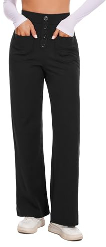 Desol Stoffhose Damen Weites Bein, Hoher Taille Business Hose Damen, Knopfleiste, Dehnbare Palazzo Hose mit Mehreren Taschen