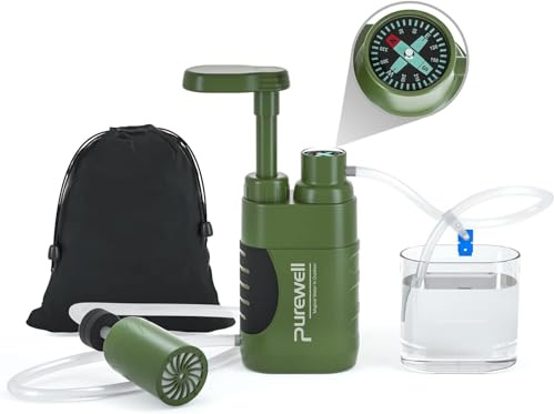Purewell Wasserfilter Outdoor Survival Tragbar mit Pumpe für Camping Wandern Trekking 0.01 Mikron Filter Notfall Trinkwasseraufbereitung Prepper Ausrüstung Reise Wasserfiltrationssystem