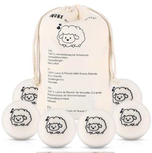 6 x Trocknerbälle für Wäschetrockner, 7cm 100% reiner Schafwolle Trocknerbälle Daunen Daunenjacke, Natürliche Weichspüler Trocknerball, Antistatisch Trocknungszeit Verkürzt, mit Aufbewahrungstasche