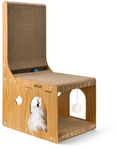 LIFLIX L-förmiges Doppelschicht Kratzbrett für Katzen, 67cm Kratzpappe mit Katzenhaus zum Kratzen Verstecken und Spielen, Kratzbrett mit Kazenspielzeug für Wand und Ecke als Möbelschutz