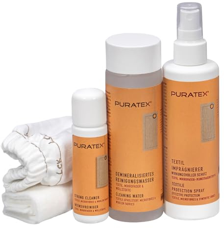 PURATEX Textil-Pflegeset für Stoffe auf Möbel und im Auto | Reiniger 50 ml, Imprägnierung 200 ml, Reinigungswasser 200 ml, Reinigungshandschuh, Reinigungstuch