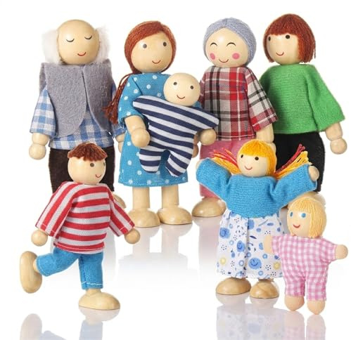 Jzszera Biegepuppen Puppenhaus Puppen 8 Personen Puppenfamilie für Puppenhaus, Familie Puppen für puppenhaus Holz Kinder Spielzeug Minipuppen Zubehör Biegepüppchen für Puppenstube