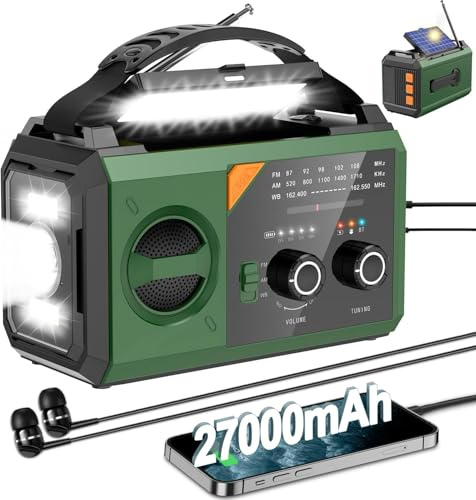 27000mAh Notfallradio mit Kurbel,Solar,Batterie und USB Betriebene,Tragbar AM/FM Wetter Radio mit Bluetooth/Kopfhöreranschluss/Leseleuchte/Taschenlampe/Kompass/SOS Alarm für Camping Outdoor