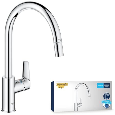GROHE StartEdge, Küchenarmatur, ausziehbare Brause, Hochdruck | Hoher Auslauf, 360° schwenkbar, Wasserhahn für die Küche, Durchflussbegrenzer, einfache Spülbecken-Montage (chrom, 30550000)