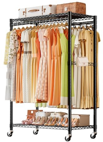 KZOBYD Kleiderstange mit 4 Stangen, robuste rollende Kleiderstange Kleiderständer mit Ablagefächern, offene Garderobe Schrank Kleiderstange mit Rädern & 2 Paar seitliche Haken, Schwarz