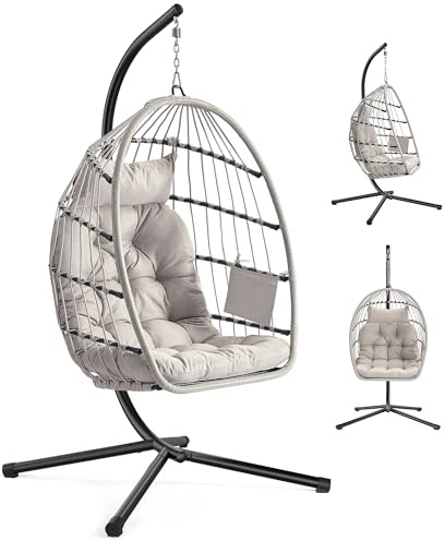 SONGMICS Hängesessel mit Gestell, klappbar, höhenverstellbar, Kissen | Hängeschaukel Outdoor, Korbsessel, Korb abnehmbar, Seitentasche, Garten, Balkon, weiß, SOGNIA Kollektion GDC050WZ01