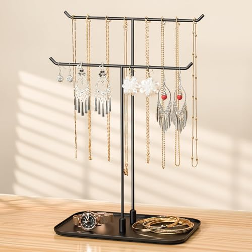Josmimic Schmuckständer, Schmuckhalter, Schmucktablett, Schmuckaufbewahrung für Halsketten Armbänder Ohrringe Ohrstecker Ringe, Geschenkidee, schwarz