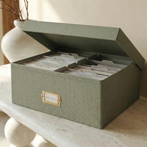 ZICOTO Dekorative Foto-Aufbewahrungsbox – stabiler Leinen-Foto-Organizer mit Trennwänden ist perfekt für bis zu 1700 Bilder und 10 x 15 cm große Fotos – tragbare Scrapbook-Aufbewahrungsbehälter mit