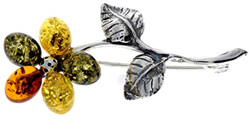 SilverAmber Jewellery Exklusive Blumen-Brosche aus echtem baltischen Bernstein und Sterlingsilber – 4015, Sterling-Silber, Bernstein