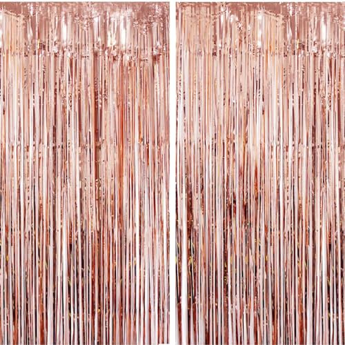 Silvester Lametta Vorhang Rosegold, Folie Fransen Vorhang Schimmer, Metallic Tinsel Vorhange Hintergrund Fringe Glitzervorhänge Fransenvorhang Metallfolie fur Party Deko Geburtstagsdeko -2stk-