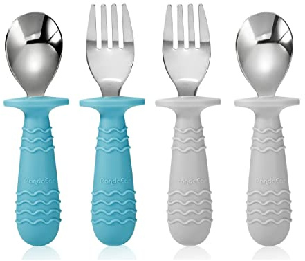 PandaEar 4 Set Baby Kleinkind Silikon Edelstahl Utensilien Besteck Löffel Gabel für Baby Kleinkind BPA frei mit Silikonhalterung Anti-Choke Design (Blau&Grau)