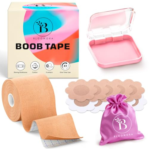 Boob Tape Brust Push Up mit Nippelpads aus Silikon für Unsichtbaren Halt | Aus Baumwolle und Spandex wasserfest schweißfest für alle Körbchengrößen, 2inch, Beige