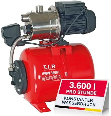 T.I.P. 31188 Hauswasserwerk HWW 3600 I (Fördermenge max. 3.600 l/h, Förderhöhe max. / Druck max. 40 m / 4,0 bar, 650 Watt, 18 l Stahl-Druckkessel, Druckschalter und Manometer)