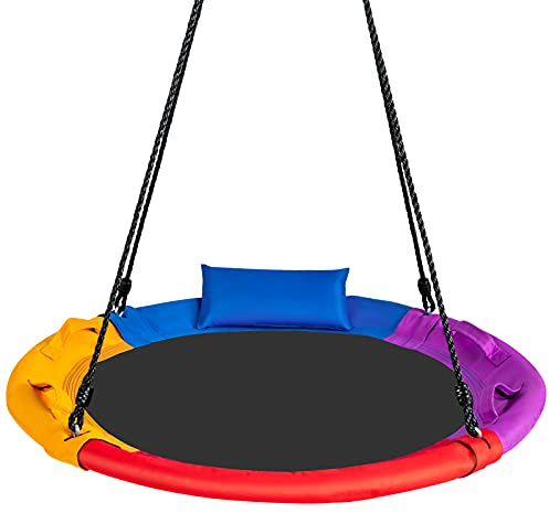 COSTWAY Nestschaukel mit Kissen & Griffe, Kinderschaukel mit 100-180 cm höhenverstellbarem Seil, Baumschaukel bis 150 kg belastbar für Kinder & Erwachsene, Schaukel für Indoor & Outdoor (Bunt)