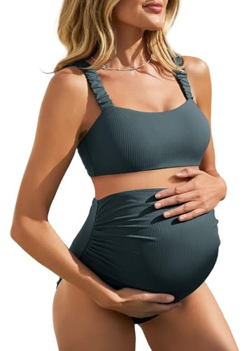 Summer Mae Gerippter Umstands-Bikini, Badeanzug, zweiteilig, bauchfreies | Schwangerschafts-Bademode, hohe Taille, Bikinioberteil mit Krawatte, elastische, faltige Schultergurte, hohe Dehnbarkeit
