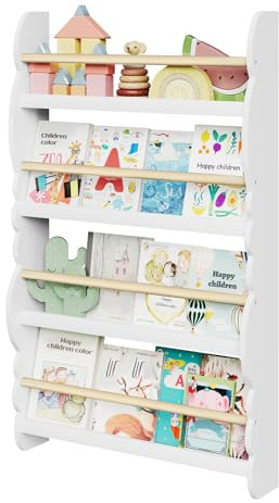 WOLTU Bücherregal Kinder Wand 4 Ablagen Wandregal Weiß Holz | E1 MDF; Kiefernholz; Kinderzimmer; Spielzimmer; Buchaufbewahrung