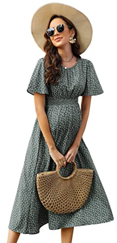 KOJOOIN Damen Umstandskleid Kurzarm Schwangerschafts Bedrucktes Kleid mit Rundhalsausschnitt und Rüschen Grün M