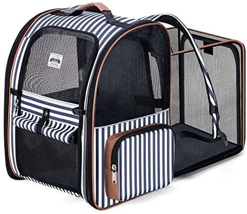 Lekespring Erweiterbarer Katzenrucksack für Katzen und Hunde bis 8 kg | Faltbarer Haustier-Rucksack mit 4 Mesh-Fenstern, 4 Eingängen, Sicherheitsleine, weicher Matte und 2 Seitentaschen für Reisen