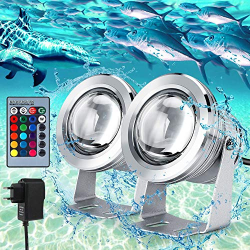 Unterwasserlicht LED Brunnenbeleuchtung 2 Stück Fernbedienung RGB Unterwasser Spot-Licht mit Edelstahlgehäuse Teichlicht Landschaftsdekoration Licht für Garten, Aquarium (EU)