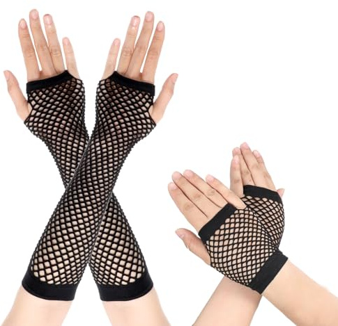 Prasacco 4 Stück/2 Paar Netzhandschuhe, Vintage Fischnetz Handschuhe für Damen Lang und Kurz Fingerlose Netzhandschuhe für Weihnachten, Kostümpartys und Cosplay Zubehör (19 x 12 cm/34 x 14 cm)