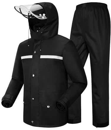 Coutyuyi Herren & Damen Regenanzug Reflektierender 100% Wasserdichter Anzug Outdoor Regenmantel Winddicht Regenjacke （XL, Schwarz）