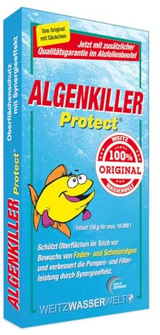ALGENKILLER Protect® - Der Algenenferner für den Teich. Algen und Grünbelag abbau mit Synergieeffekt verbessert die Pumpen- und Filterleistung. Optimaler Oberflächenschutz mit Langzeitwirkung.