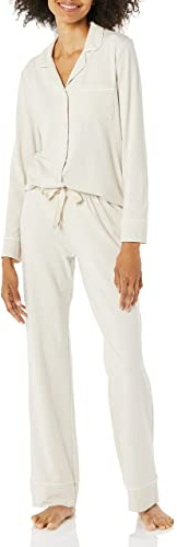 Amazon Essentials Damen Schlafanzug-Set, Baumwollmodal, langärmliges Hemd und durchgehendes Unterteil, Beige, M