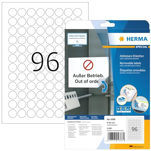 HERMA 4386 Universal Etiketten ablösbar rund, 25 Blatt, Ø 20 mm, 96 pro A4 Bogen, 2400 Stück, selbstklebend, bedruckbar, matt, blanko Papier Klebeetiketten Aufkleber, weiß