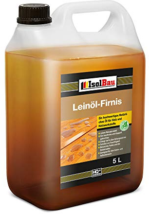 Isolbau Leinöl-Firnis - 5 Liter - Leinöl für Holz - Holzschutz für Außen und Innen Wetterfest - Doppelt gekochtes Holzöl als natürlicher Schutz für Möbel - Wasserabweisend