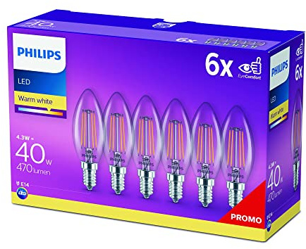 Philips LED Classic E14 Lampen 6-er Pack (40 W), LED Lampen mit warmweißem Licht, energiesparende LED Beleuchtung mit langer Nutzlebensdauer, Warmweiß