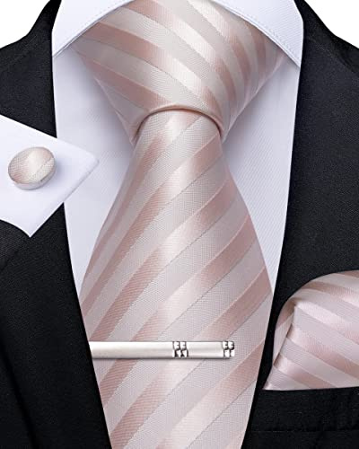 DiBanGu Herren Krawatte, rosa gestreifte Seidenkrawatte und Taschentuch-Set, Krawattenklammer und Manschettenknöpfen mit Geschenkbox für Hochzeit Party