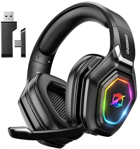 Ozeino Kabelloses Gaming-Headset mit Mikrofon, 2,4 G & Typ-C-Sender, 30 Stunden Akkulaufzeit, RGB-Beleuchtung Gaming-Kopfhörer für PS5, PS4, PC, Telefon