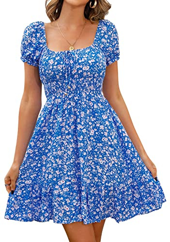 Livonmone Damen Kleid Lässig Sommerkleid Blumendruck Hohe Taille Kleider Puff Ärmel Retro Sexy Casual Tunika Beach Minikleid